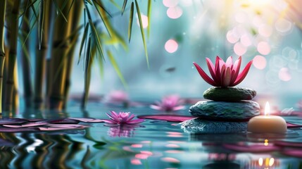 Spa: Natural Alternative Therapy With Massage Stones And Water Lily in Water with bamboo tree, scented candle, in the style of stone sculptures - obrazy, fototapety, plakaty