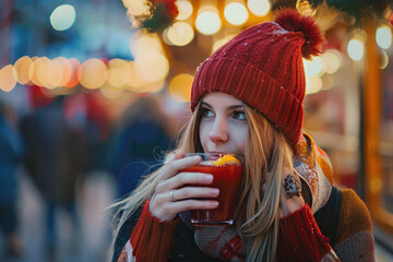 Young attractive woman drinks mulled wine on Christmas fair in city - obrazy, fototapety, plakaty