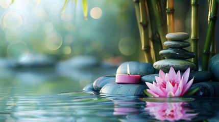 Spa: Natural Alternative Therapy With Massage Stones And Water Lily in Water with bamboo tree,...
