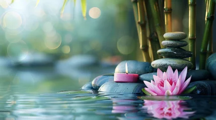 Keuken spatwand met foto Spa: Natural Alternative Therapy With Massage Stones And Water Lily in Water with bamboo tree, scented candle, in the style of stone sculptures © ND STOCK