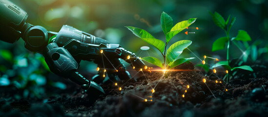 farming with technology concept background. robot holding seed plant - obrazy, fototapety, plakaty