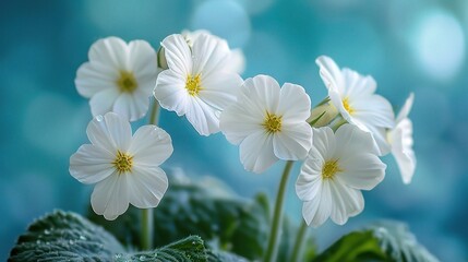 Fototapeta na wymiar Spring forest white flowers primroses on a beautiful blue background macro.