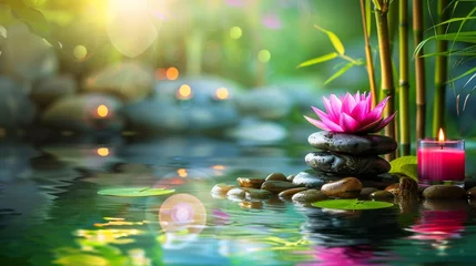 Foto op Canvas Spa: Natural Alternative Therapy With Massage Stones And Water Lily in Water with bamboo tree, scented candle, in the style of stone sculptures © ND STOCK