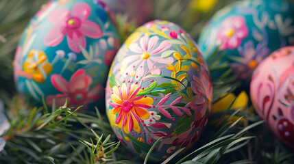 Fototapeta premium Intricately painted Easter eggs featuring stunning floral detail in captivating close-up shot.
