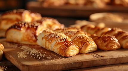 close-up view of a pastry with a raspberry swirl design, resting on a wooden surface
