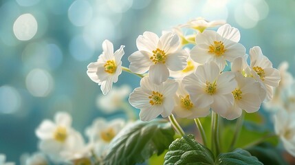 Spring forest white flowers primroses on a beautiful blue background macro. - obrazy, fototapety, plakaty