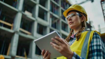 Woman engineer supervising building construction, worker checking tablet device. Construction site management.