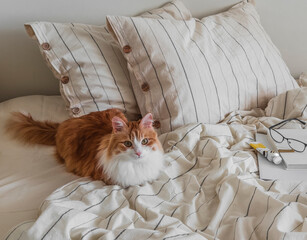 A red cat on a bed with striped linen bed linen in Scandinavian style. A slow cozy morning