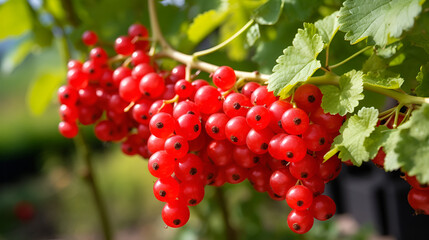 Ripe red currant berries growing on a bush - close up,Red currants on a bush on a sunny day,Red currant berries grow on Bush in garden. Banner,Soft focus on a branch of red viburnum with foliage
 - obrazy, fototapety, plakaty