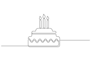 Continuous one line art drawing of birthday cake with cream, candle birthday party symbol of celebration