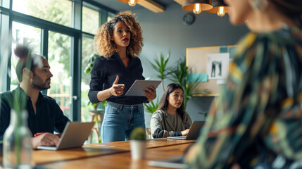 woman addressing a group of seated colleagues in a bright, modern office environment.