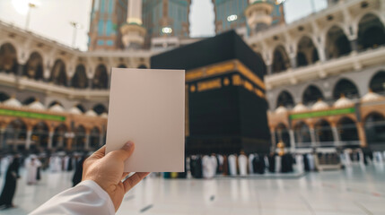 Muslim hand holding a blank sheet of paper, with the background of the Kaaba in Mecca, Ai Generated Images - obrazy, fototapety, plakaty