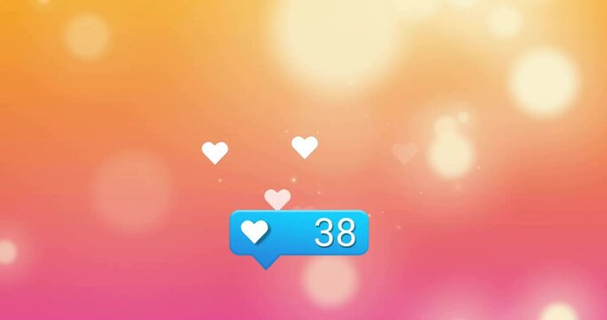 Animation of social media icon with growing number over hearts and light spots on orange background