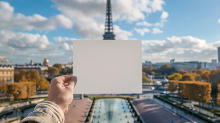 Hand holding a blank sheet of paper, with the Eiffel Tower in the background, Ai Generated Images