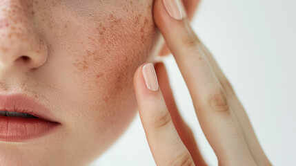 close-up of a young person's face focusing on the blue eyes, with freckles on the skin, and a hand with manicured nails gently touching the face.