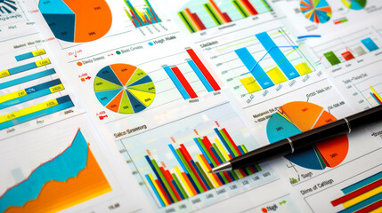 detailed financial report with colorful pie charts, bar graphs, and data analysis with a pen pointing to a specific area of the chart.