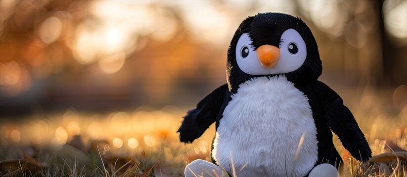 A black and white stuffed penguin is sitting in the lush green grass, looking adorable and cuddly. The scene evokes a sense of playfulness and whimsy.
