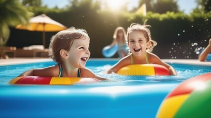 Happy children play and swim in the pool of a tropical resort. Summer holidays with children. Swimming equipment and clothes for children. Water games and entertainment,