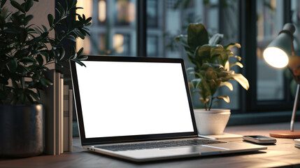 mockup image of blank laptop screen on desk with lampshade on - obrazy, fototapety, plakaty