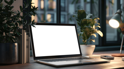 mockup image of blank laptop screen on desk with lampshade on