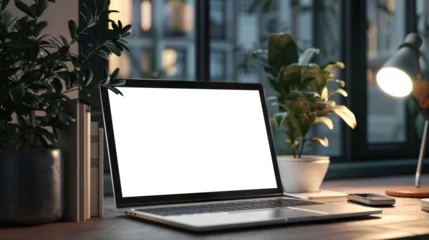 Deurstickers mockup image of blank laptop screen on desk with lampshade on © Kavindu Dilshan