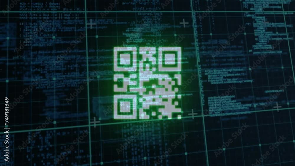Poster animation of qr code over data processing on black background