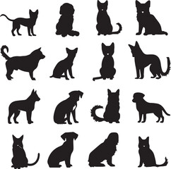 Farm Animals Dog and Cat silhouettes set isolated white background