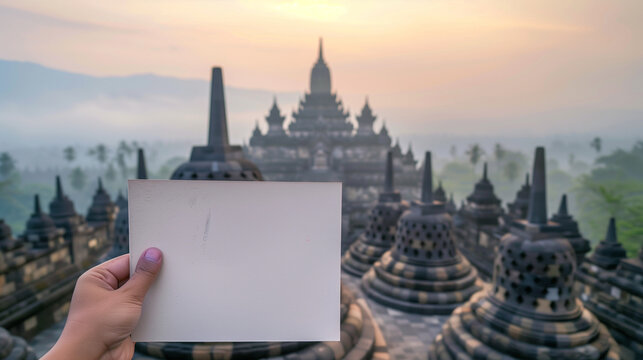 hand holding a blank sheet of paper, with the Borobudur temple in the background, Ai Generated Images
