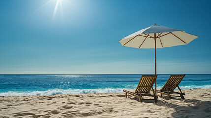 Beach umbrella providing shade on a bright sunny day, Sun loungers underneath, Concept of travel, summer beach holiday, Soft sand and gentle waves