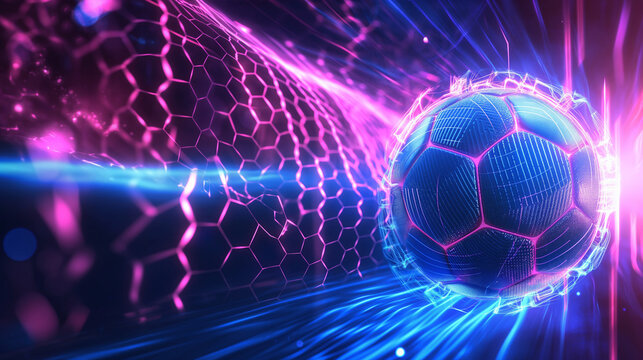Neon-style illustration, Soccer ball with a dynamic motion trail, Abstract hexagonal pattern background, Vibrant blue and pink neon lines, Futuristic and energetic concept