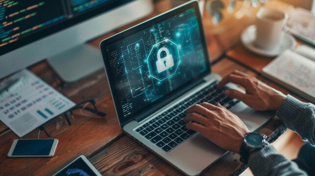 A person typing on a laptop with a digital image of a blue padlock on the screen, symbolizing cybersecurity, with a cup of hot coffee next to the laptop on a wooden desk.