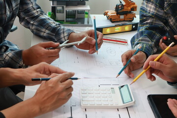 Engineer Team Meeting at Desk: Construction Cost Planning Hands Close-Up - obrazy, fototapety, plakaty