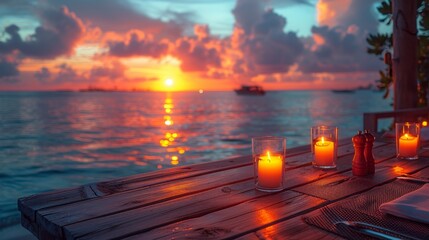 Amazing romantic dinner on the beach on wooden deck with candles under sunset sky
