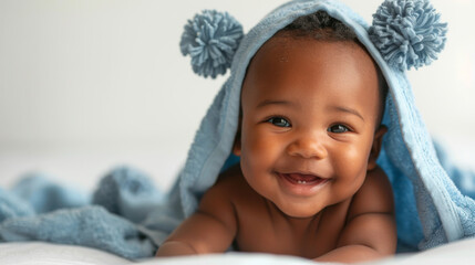 A smiling baby with bright blue eyes is lying on a white surface, covered partially with a blue blanket with pompoms on the hood.