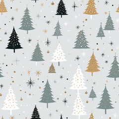 seamless pattern of cute silver Christmas trees, stars and snowflakes