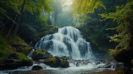 The beauty of nature with beautiful serene waterfall, forest nature background 