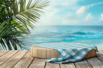 Empty wooden podium with tablecloth on table over tropical beach bokeh background. Summer mock up...