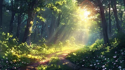 Sunny forest early in the morning