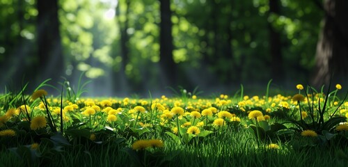 Beautiful lawn with fresh grass and yellow dandelions 