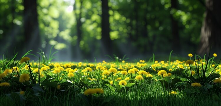 Beautiful lawn with fresh grass and yellow dandelions