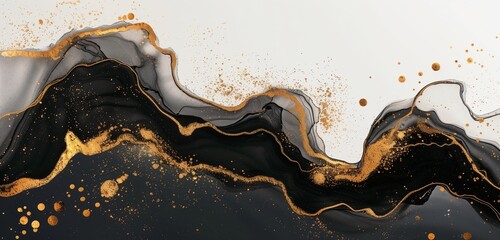 Black gold abstract background of marble liquid ink art texture painting on paper  - obrazy, fototapety, plakaty
