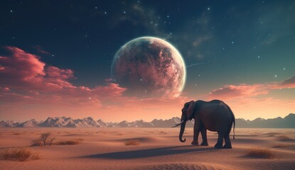 an elephant standing in the desert with a planet - obrazy, fototapety, plakaty