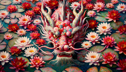 Dragon illustraion with lotus flowers,.