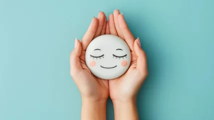 Fotobehang A pair of hands gently holds a round, plush cushion with a simple, smiling face emoji design against a solid blue background. © MP Studio