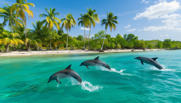 Three dolphins are leaping out of the clear turquoise water near a tropical beach with palm trees
