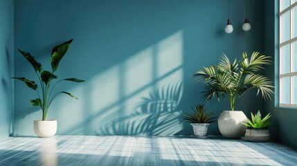 Minimalist interior with potted plants and shadows on a blue wall.