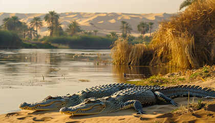 Two crocodiles lie on a sandy riverbank with desert dunes and palm trees in the background - obrazy, fototapety, plakaty