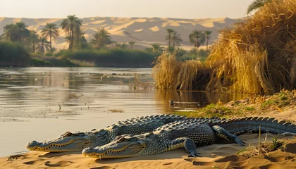 Selbstklebende Fototapeten Two crocodiles lie on a sandy riverbank with desert dunes and palm trees in the background © Seasonal Wilderness