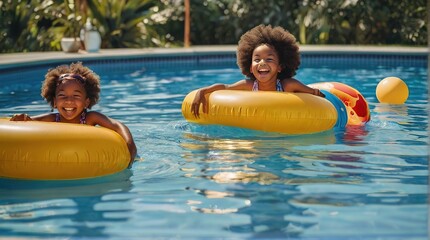 Happy African American children play and swim in the pool of a tropical resort. Summer holidays with children. Water games and entertainmen