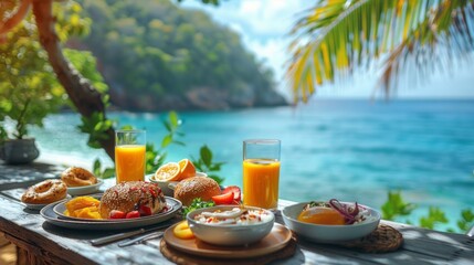 Luxury breakfast table with food for two with beautiful tropical sea view background